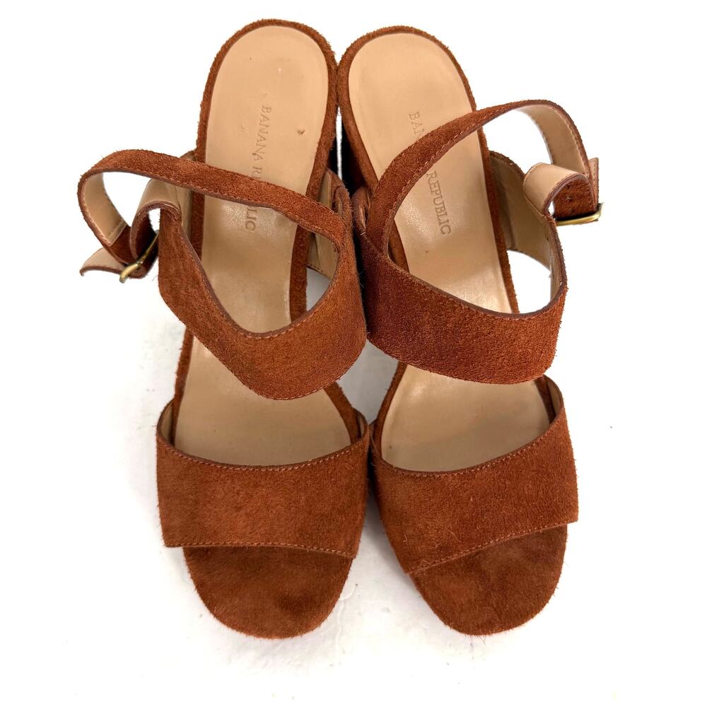 Banana Republic Cognac Brown Suede Block Heel Sandals Ankle Strap Women's 8 - Picture 2 of 10
